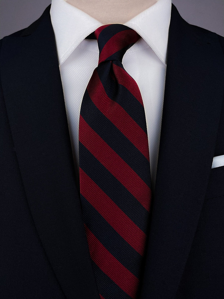 TieMart Red & Navy Blue Striped Tie - Formal Ribbed Satin Necktie (3" Width) - View #6