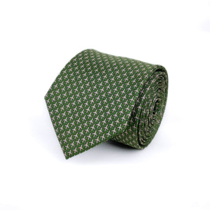 Olive green mulberry silk twill tie with a microprint of airplanes in a shade of grey, rolled up and placed against a white background