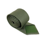 Olive green mulberry silk twill tie with a microprint of airplanes in a shade of grey, rolled up and placed against a white background, showing the green underside of the tie.