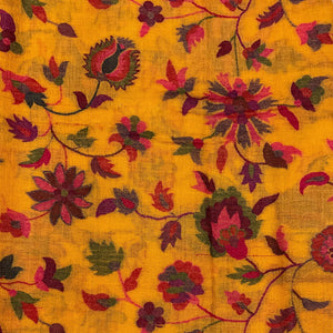 Close-up of a Yellow Floral Pashmina-Cashmere Scarf with Intricate Red Border