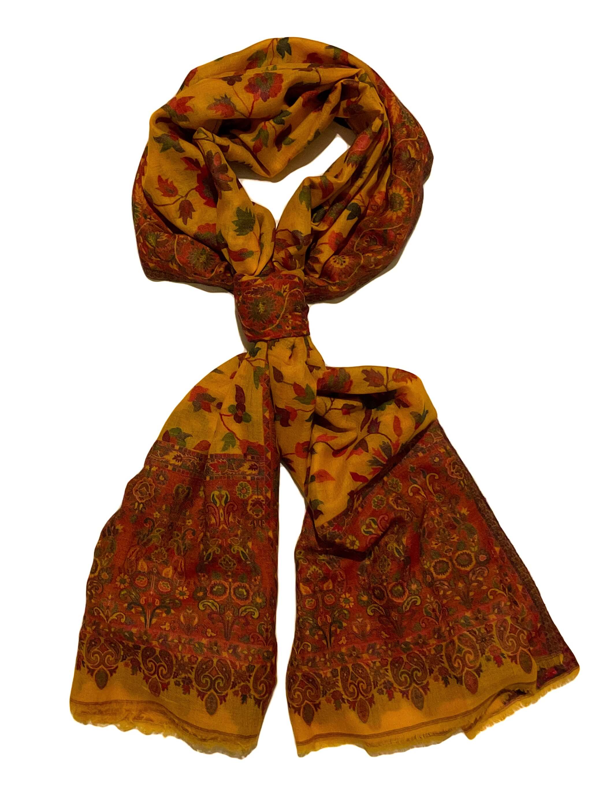 Yellow Floral Pashmina-Cashmere Scarf with Intricate Red Border