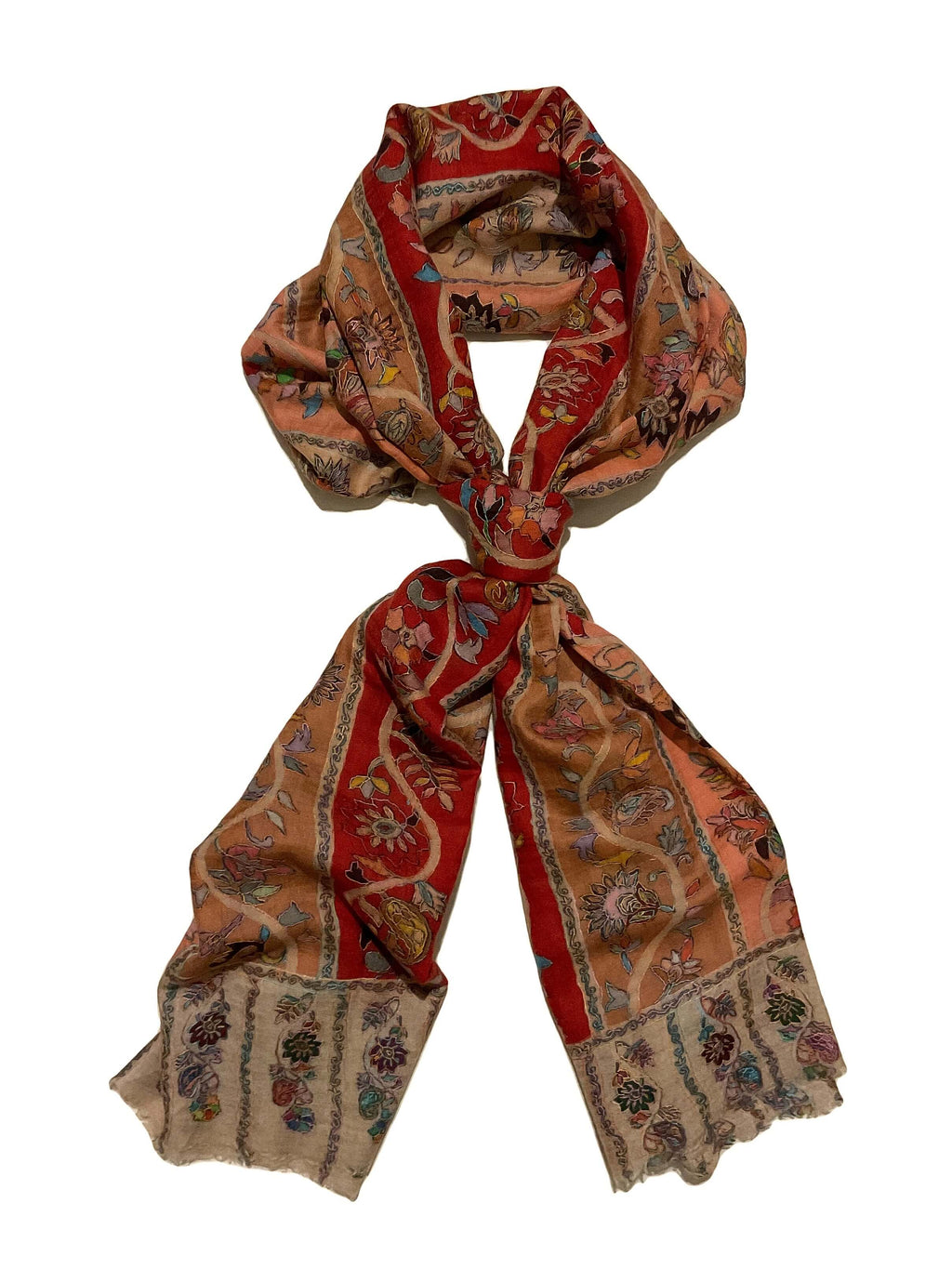 Red and Coral Floral Pashmina-Cashmere Scarf