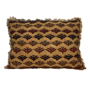 Antique Kilim cushion made from a vintage kilim rug. Cushion has a brown color with multicolored geometric pattern and has a fringe