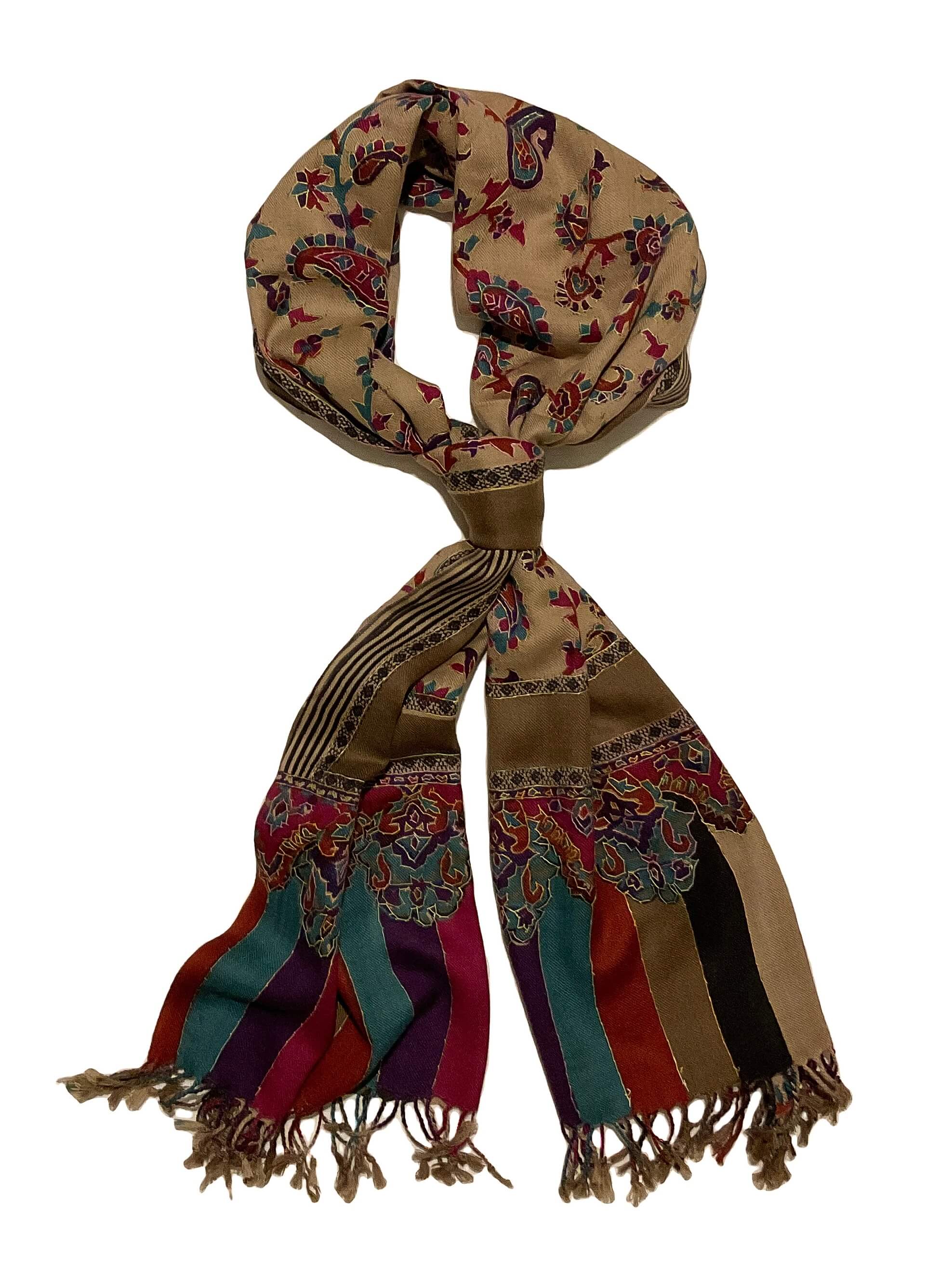 Beige, Blue and Pink Floral Pashmina-Cashmere Scarf