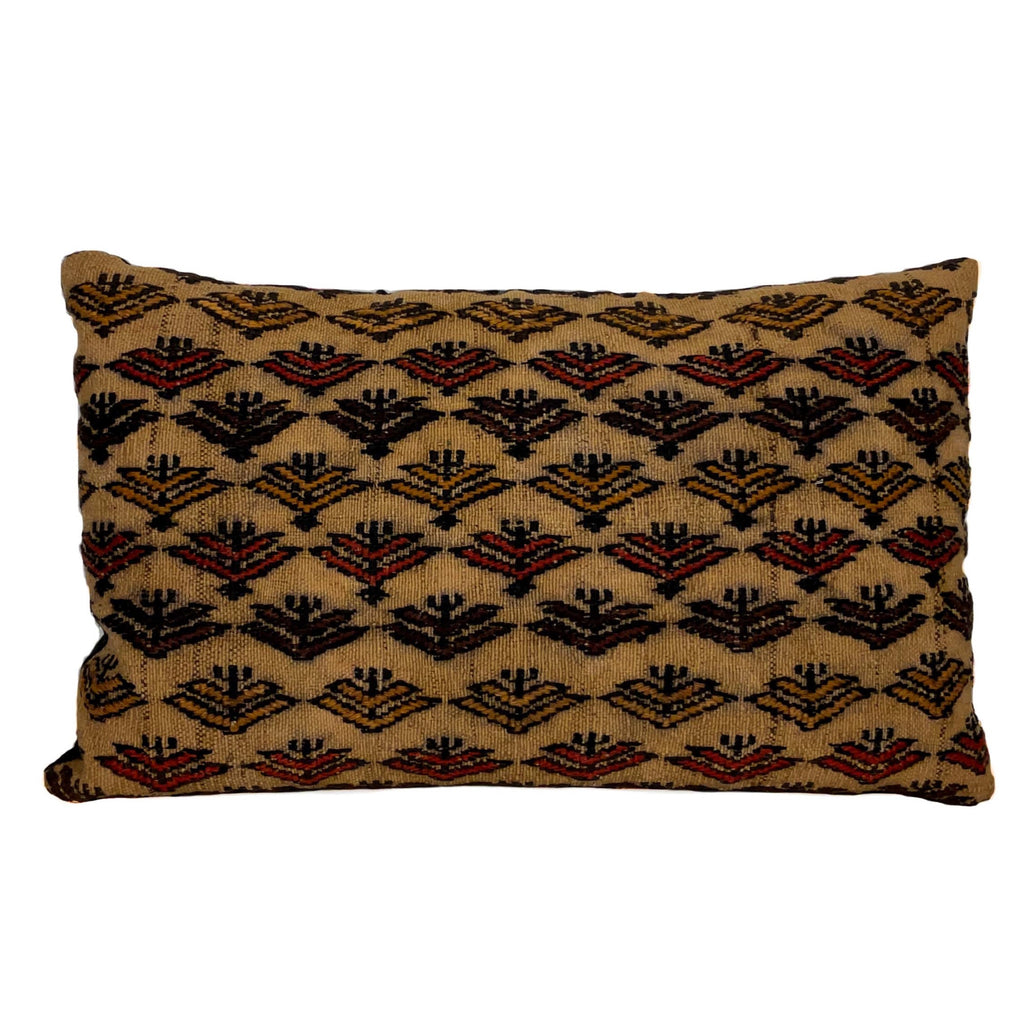 Antique Kilim cushion made from a vintage kilim rug. Cushion has a brown color with multicolored geometric pattern.