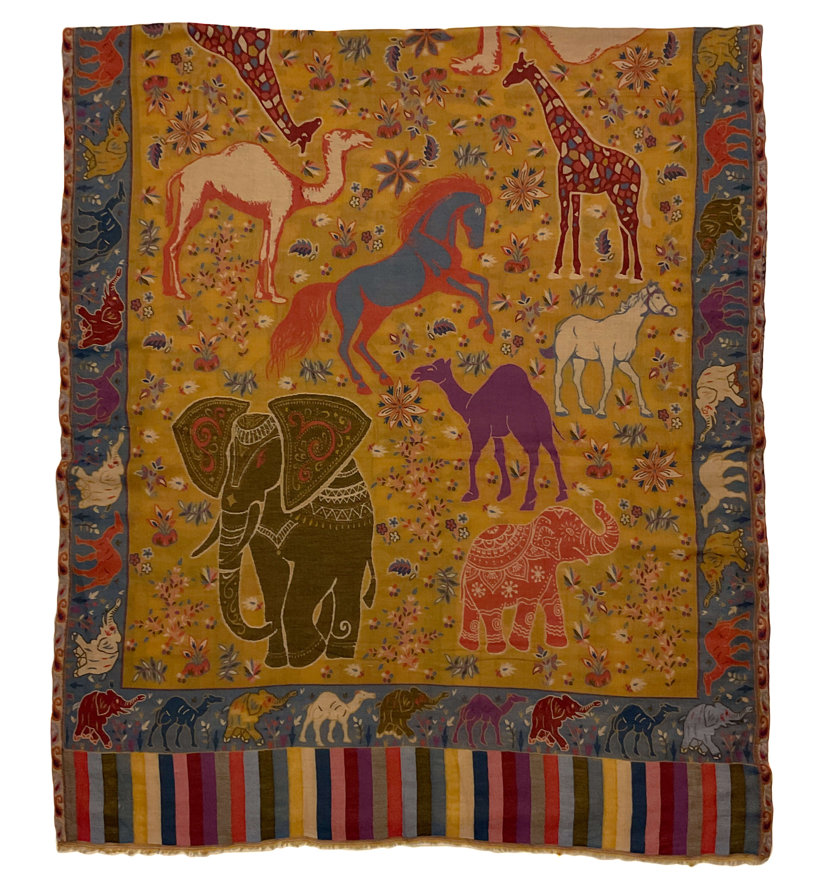 Mustard pashmina-cashmere scarf with multicolored safari animal print