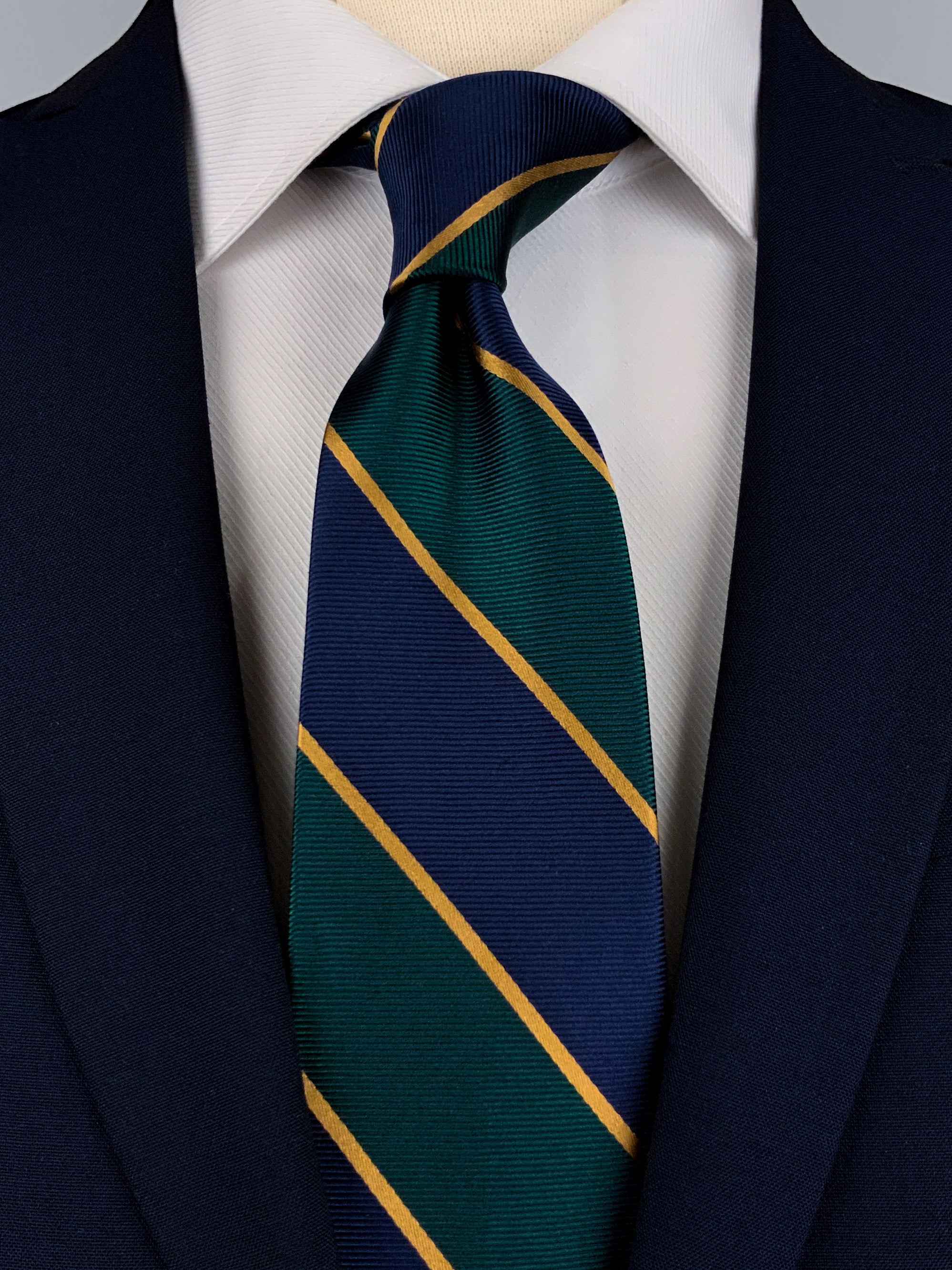 Navy Blue, Green & Gold Striped Silk Regimental Tie | Knotting Club Navy Blue, Green & Gold Striped Silk Regimental Tie | Knotting Club