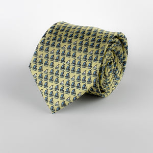 Mulberry silk twill tie in a lime yellow color with a blue microprint of ships and fish rolled and place on a white background