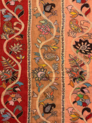 Close-up of a Red and Coral Floral Pashmina-Cashmere Scarf