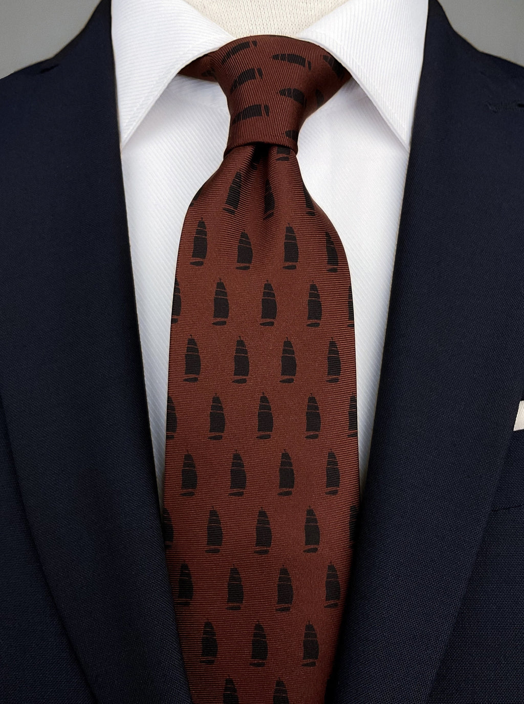 Burgundy Ship Pattern Printed Silk Tie