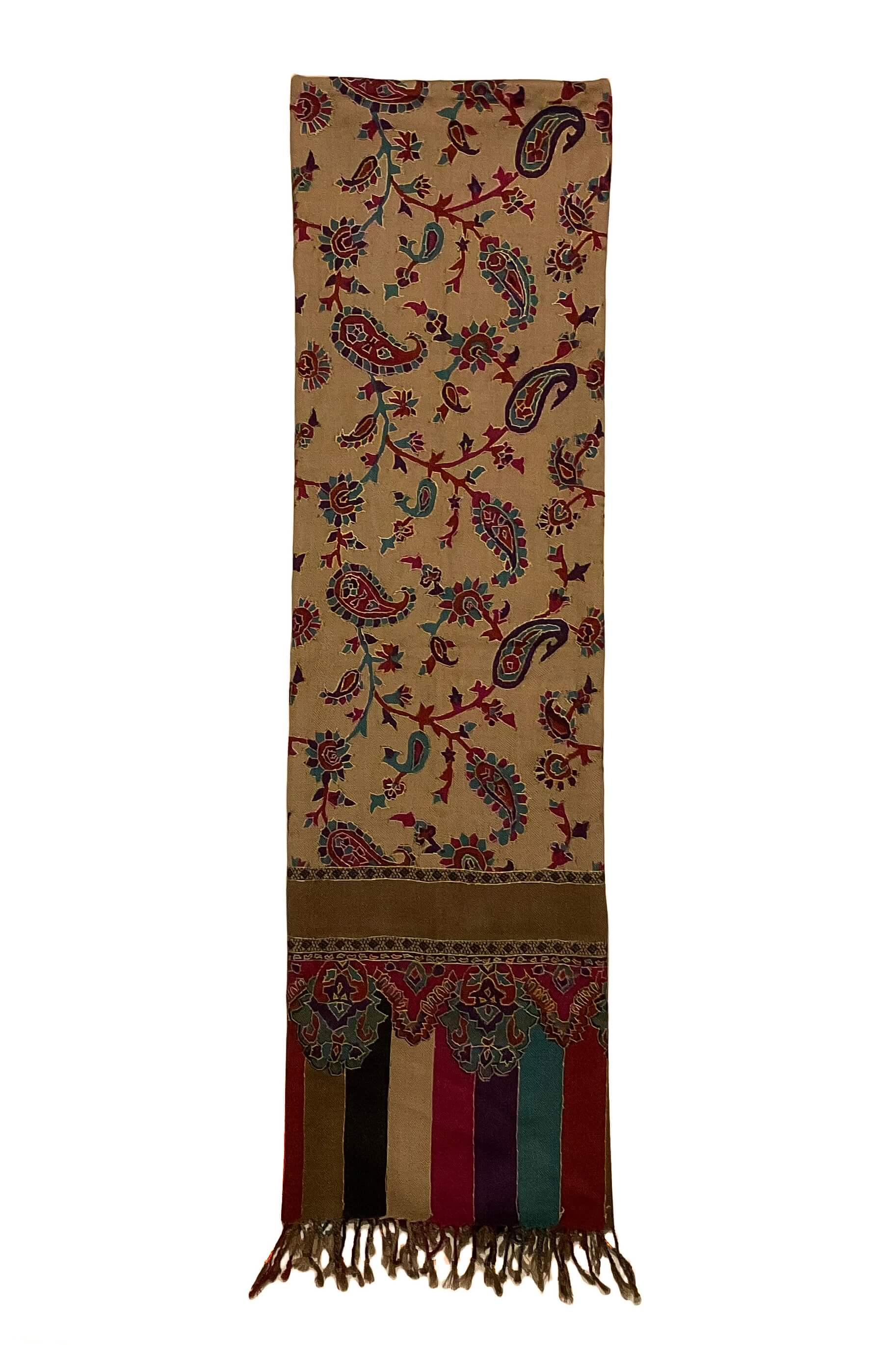 Beige, Blue and Pink Floral Pashmina-Cashmere Scarf