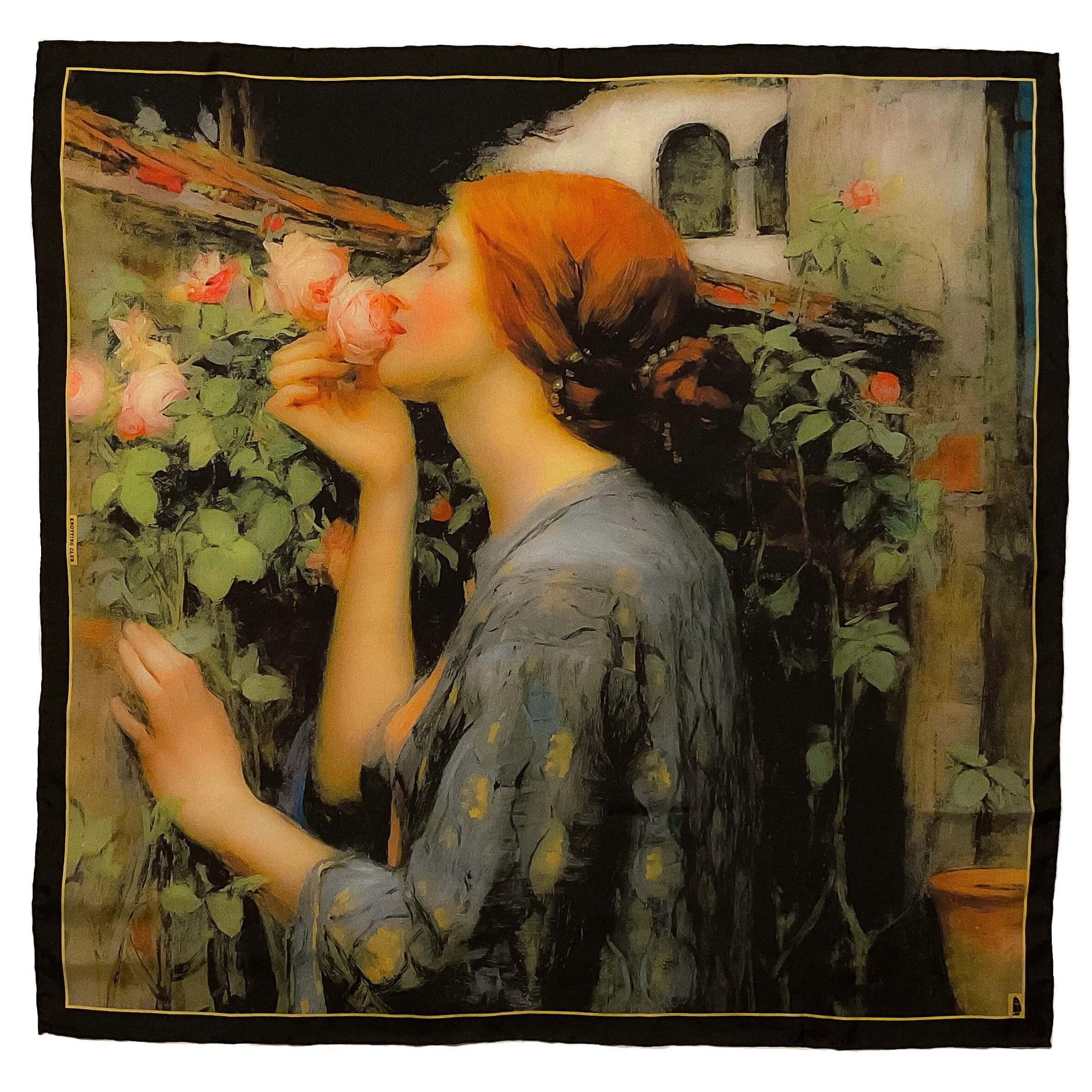 Historical fine-art silk scarf with a print of the The Soul of the Rose painting by John William Waterhouse 1908