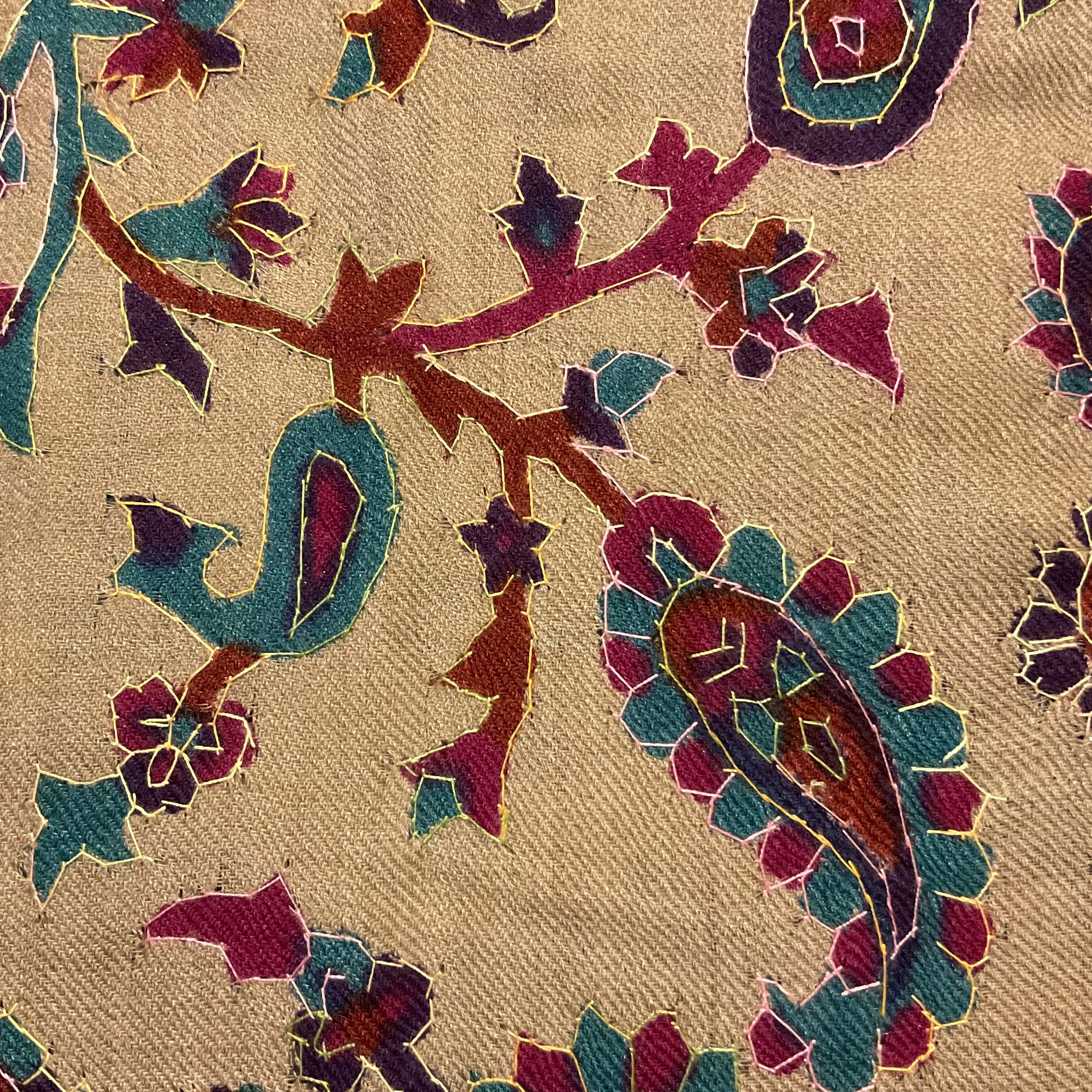 Close up of a Beige, Blue and Pink Floral Pashmina-Cashmere Scarf