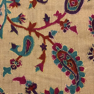 Close up of a Beige, Blue and Pink Floral Pashmina-Cashmere Scarf