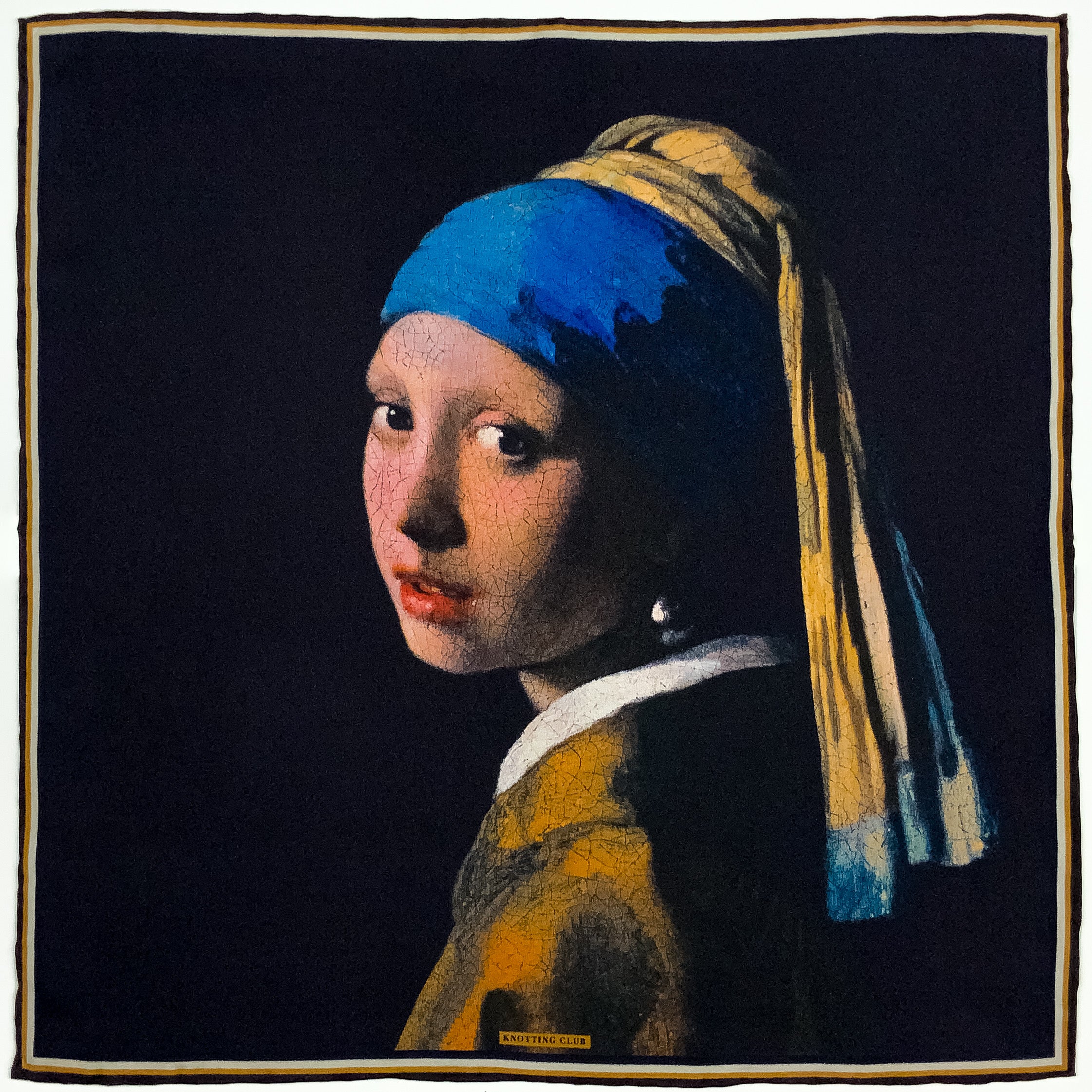 Girl with a pearl earring historical fine art silk pocket square printed on 16mm mulberry silk twill and with hand rolled edges.