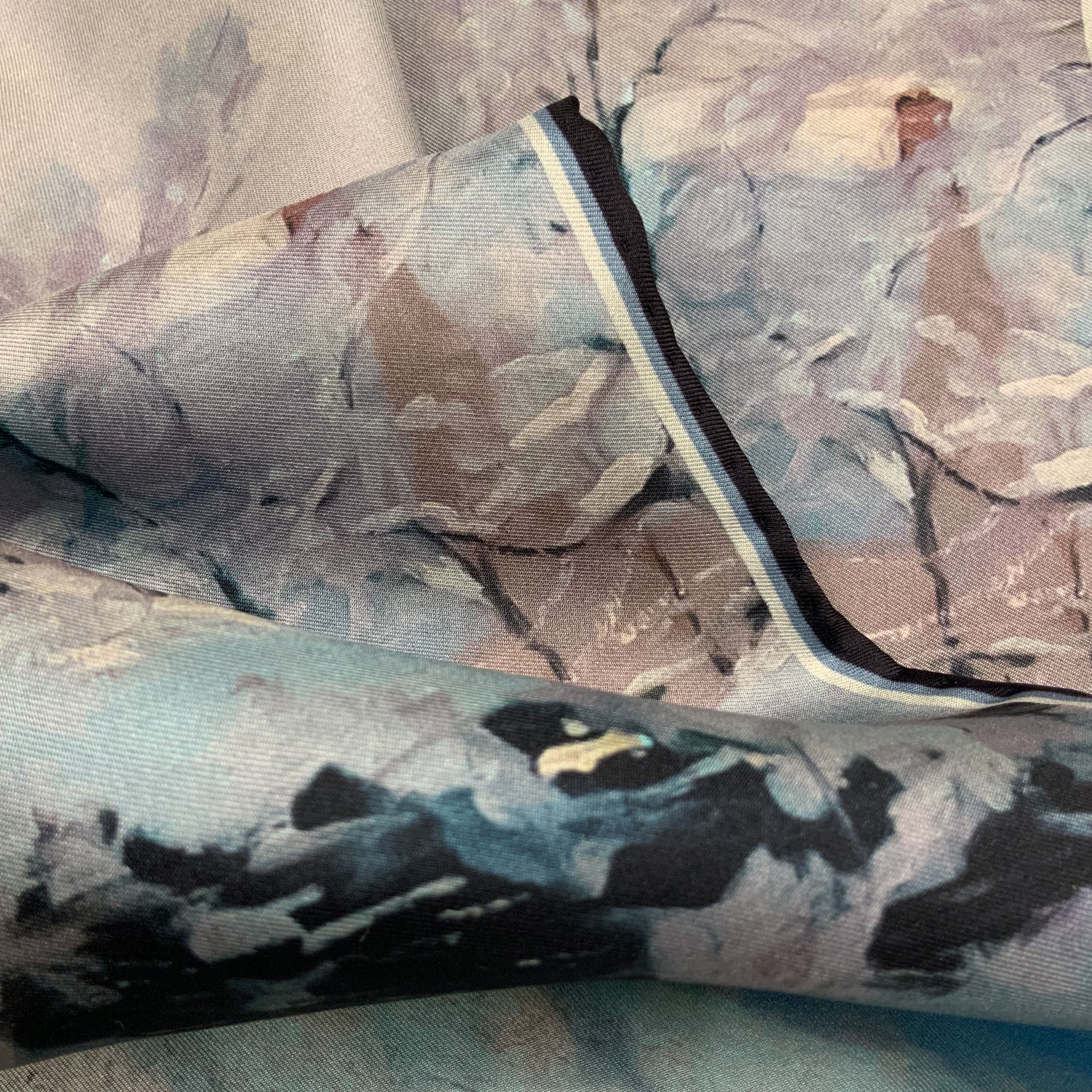 Close up of the details of The Magpie historical fine art silk pocket square